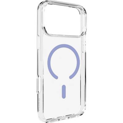Doorzichtig telefoonhoesje met een blauw aan/uit-pictogram op de achterkant, weergegeven op een witte achtergrond.