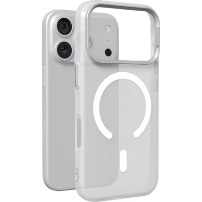 Twee doorzichtige iPhone-hoesjes weergegeven van voor en achter, met een verhoogd camerakader en MagSafe-ringontwerp.