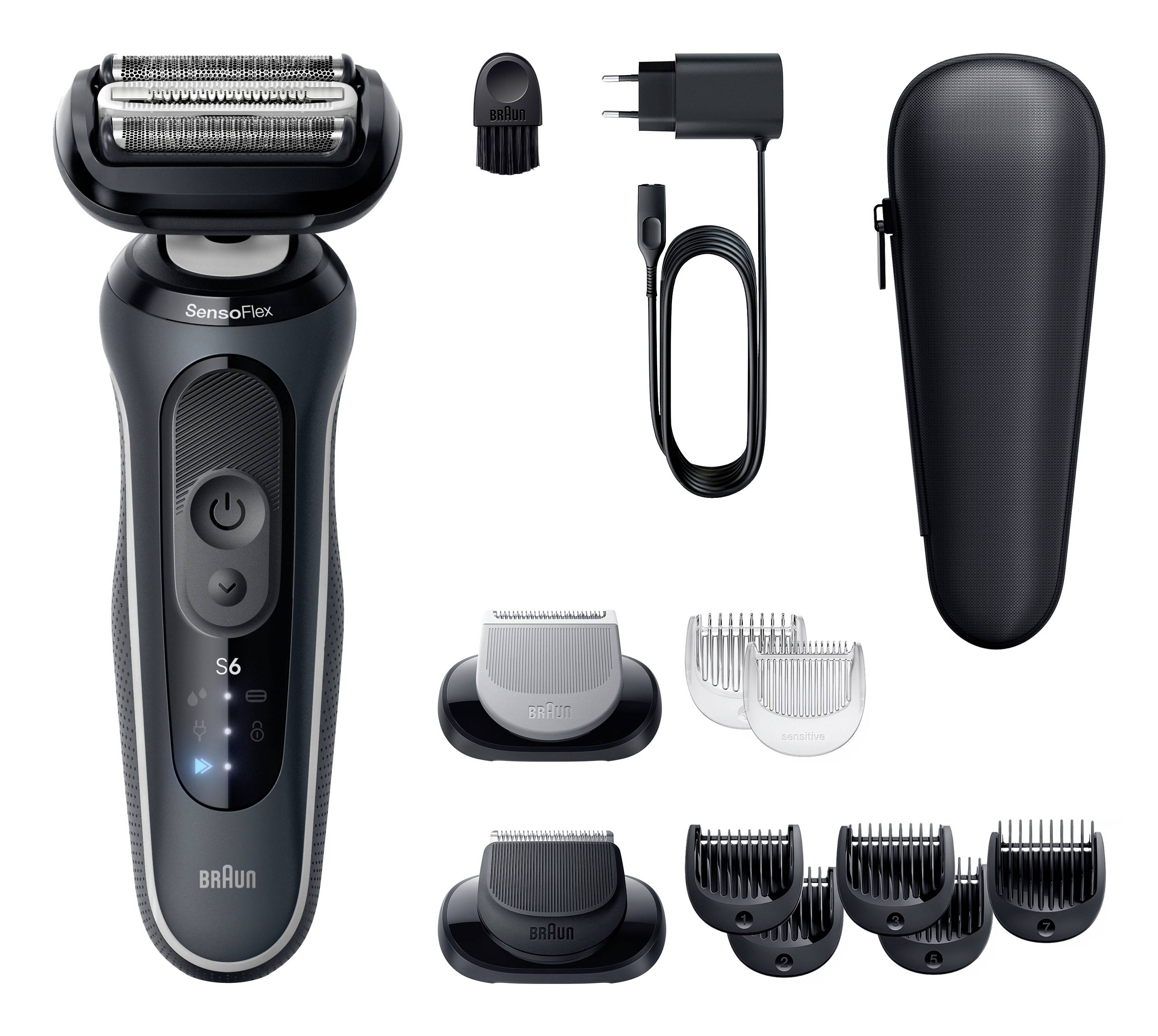 Braun Series 6 elektrisch scheerapparaat set met scheerapparaat, reiskoffer, oplaadkabel, reinigingsborstel en meerdere trimkammen en scheerkoppen.