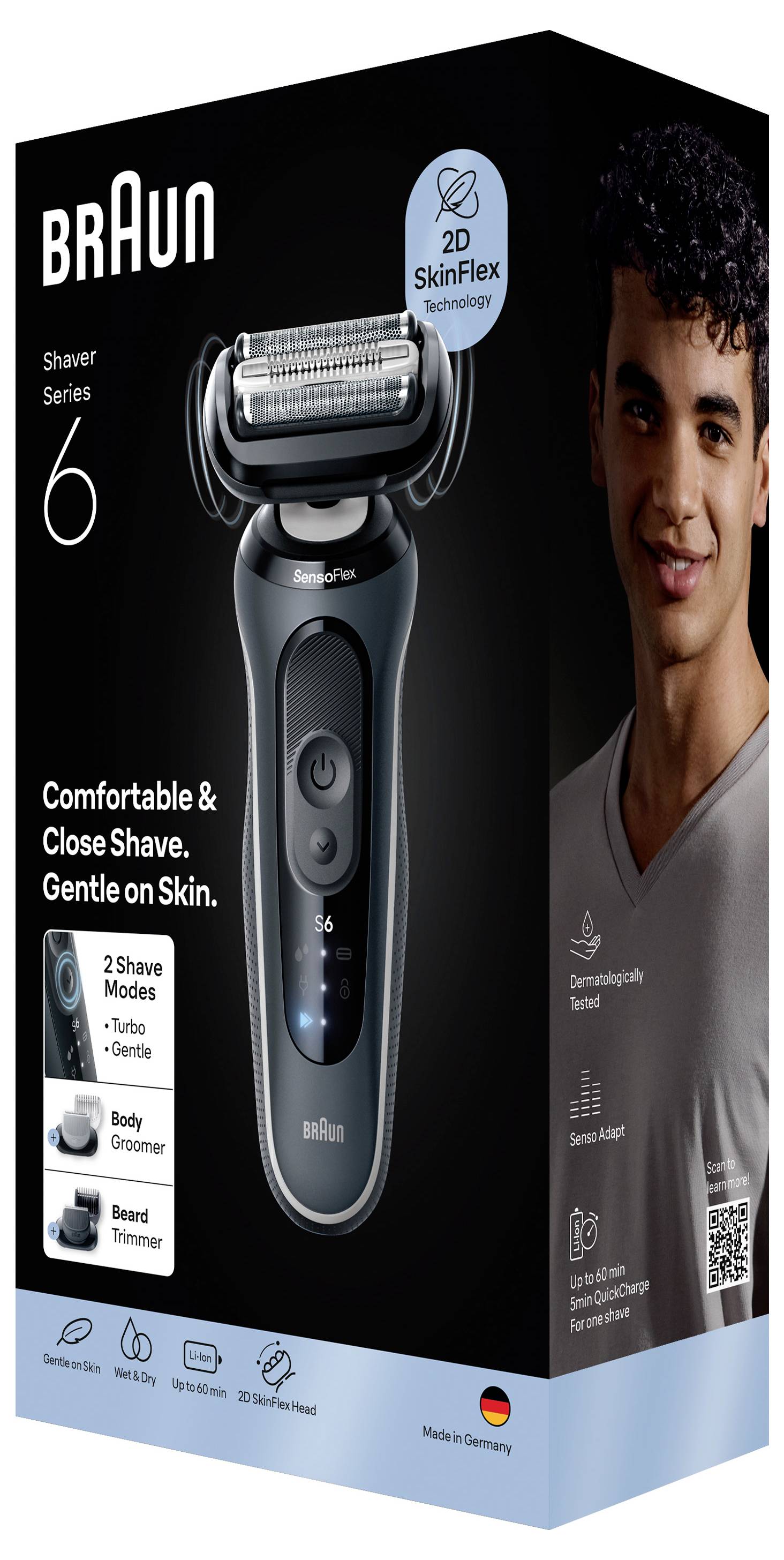 Braun Series 6 elektrisch scheerapparaat verpakking met productafbeelding en glimlachende man, met nadruk op 2D SkinFlex-technologie, comfortabel dicht scheren en 2 scheeermodi.
