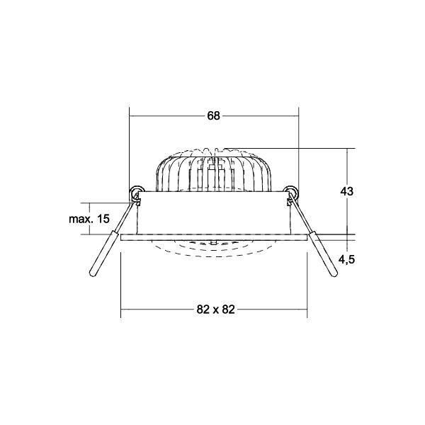 Getekende technische afbeelding van een ingebouwde lichtfitting met de volgende afmetingen: totale breedte 68, hoogte 43, uitsparing 82 x 82, maximale diepte 15, en zijdetail 4,5.