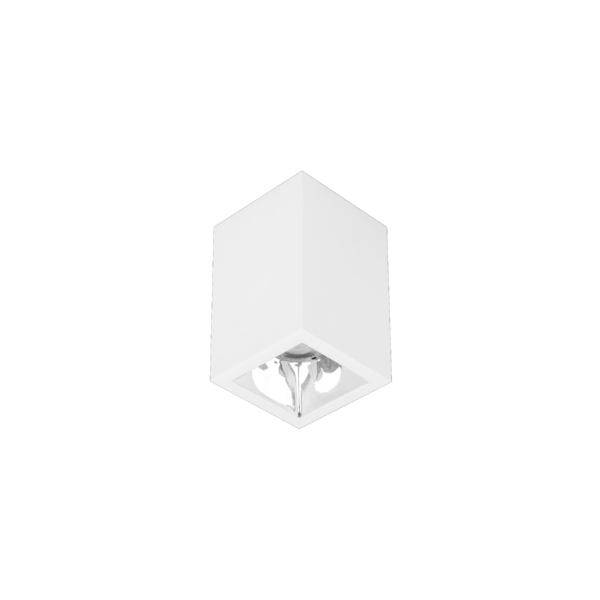 Wit kubusvormig plafondlicht met een ingebouwde lamp op een effen witte achtergrond.