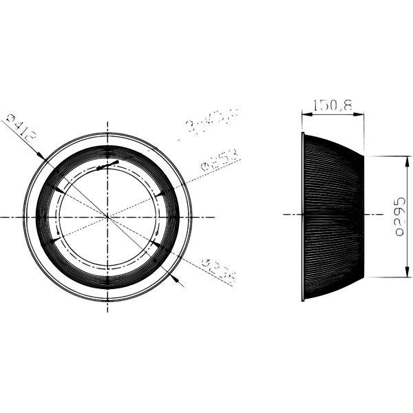 Technische tekening van een cirkelvormige lens of mechanisch onderdeel, weergegeven in voor- en zijanzicht met diameter- en dikte-aanduidingen.