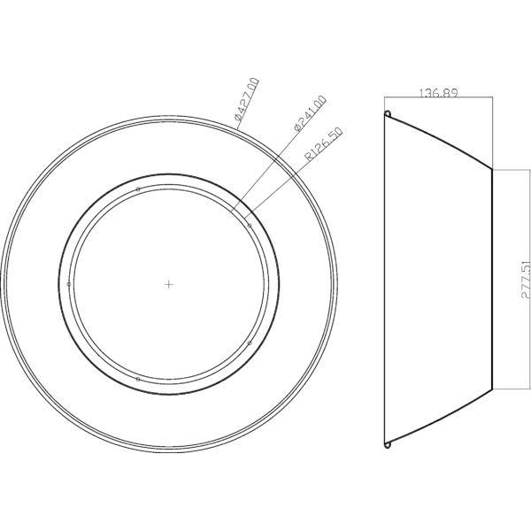 Technische tekening van een circulaire ring of flens met concentrische cirkels en dimensieaanduidingen, weergegeven in bovenaanzicht en zijanzicht.