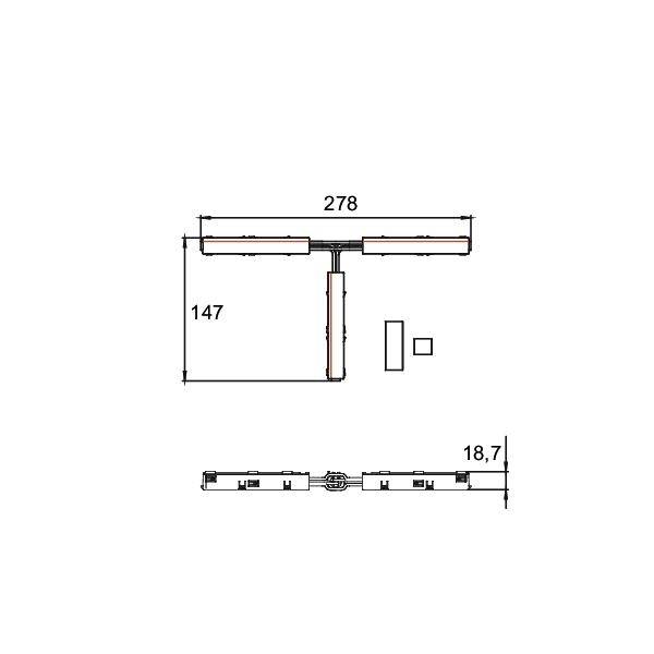 Technische tekening van een T-vormige staaf met afmetingen 278 breed, 147 hoog en 18,7 dik, plus detail van klein onderdeel ernaast weergegeven.