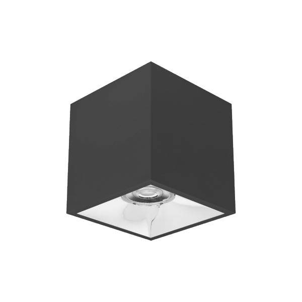 Zwart vierkant plafondlamp met een ingebouwde gloeilamp die eronder zichtbaar is.