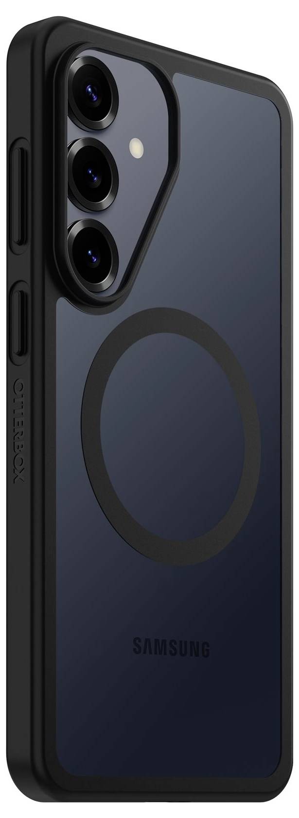 Achterkant van een zwarte Samsung-smartphone in een slank beschermhoesje, met drie achteraamera's en een circulaire ring in MagSafe-stijl aan de achterkant.