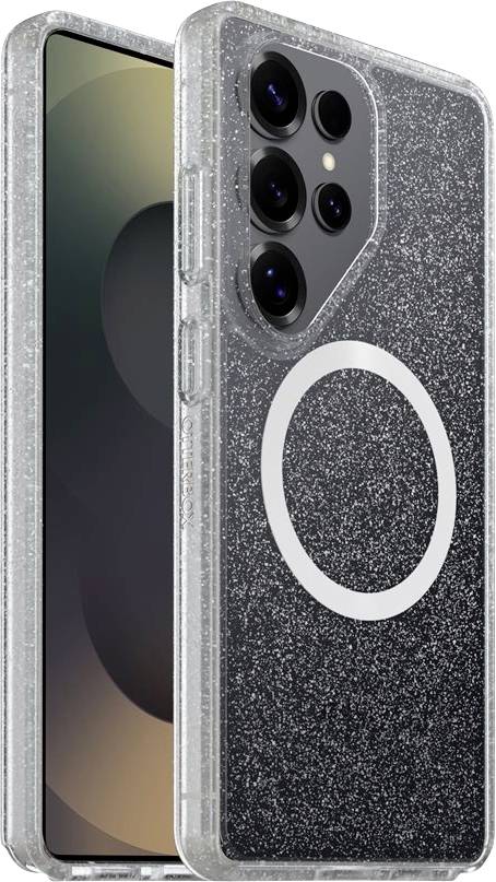Twee smartphones weergegeven van voor en achter, beide in doorzichtige glitterhoesjes; achterkant telefoon heeft meerdere cameralensen en een witte MagSafe-ring.