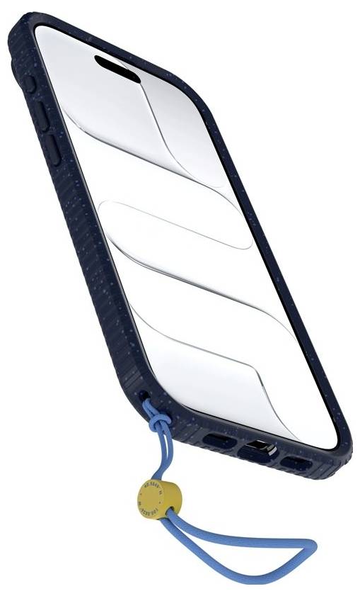 Witte smartphonehoesje met een blauwe polsband en rond geel sieraad, weergegeven onder een hoek op een witte achtergrond.