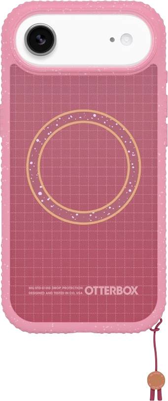 Roze OtterBox smartphonehoes met helder venster en circulaire MagSafe-achtige ring aan de achterkant.