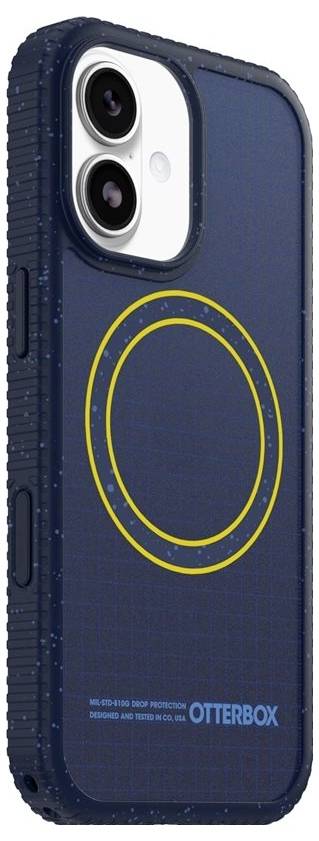 Blauwe OtterBox telefoonhoes met een gele MagSafe-achtige uitlijningsring en dubbele camerasnijopeninger.