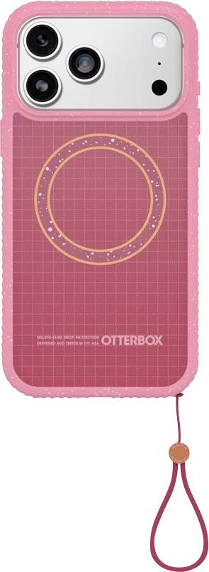 Roze OtterBox telefoonhoesje met een MagSafe-achtige ronde laadring en een rode polsband die aan de onderkant hangt.
