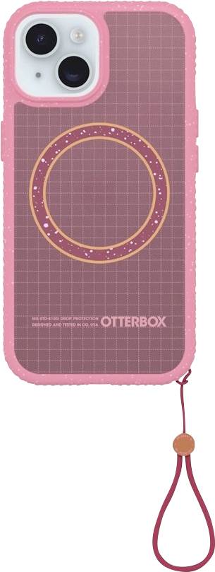 Roze OtterBox telefoonhoesje met een circulaire MagSafe-stijl ring en polsband, weergegeven vanaf de achterkant.