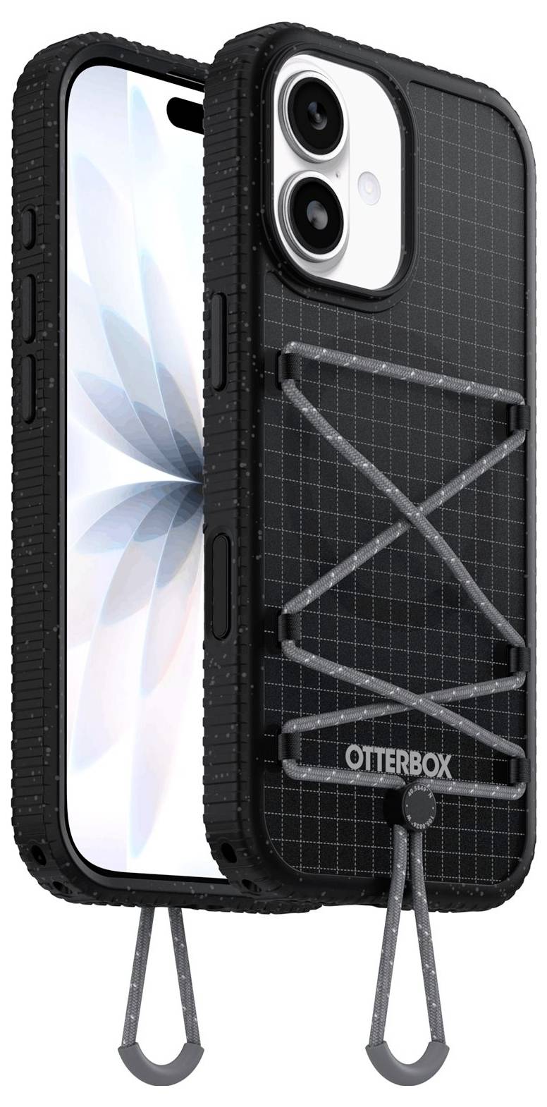Zwarte OtterBox telefoonhoes met ingebouwde standaard en greepbanden, afgebeeld op een smartphone met dubbele camera aan de achterkant.
