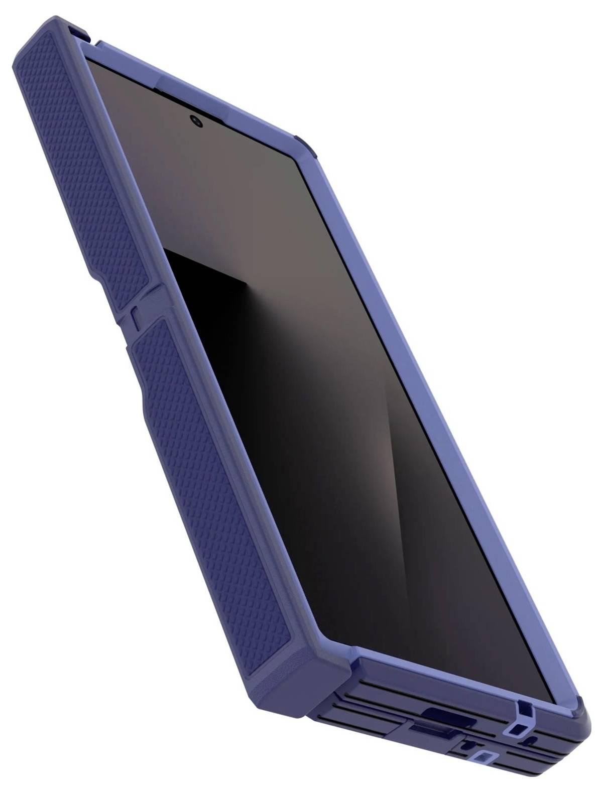 Blauwe robuuste smartphone weergegeven onder een hoek, met een zwart scherm en beschermende gestructureerde zijkanten.