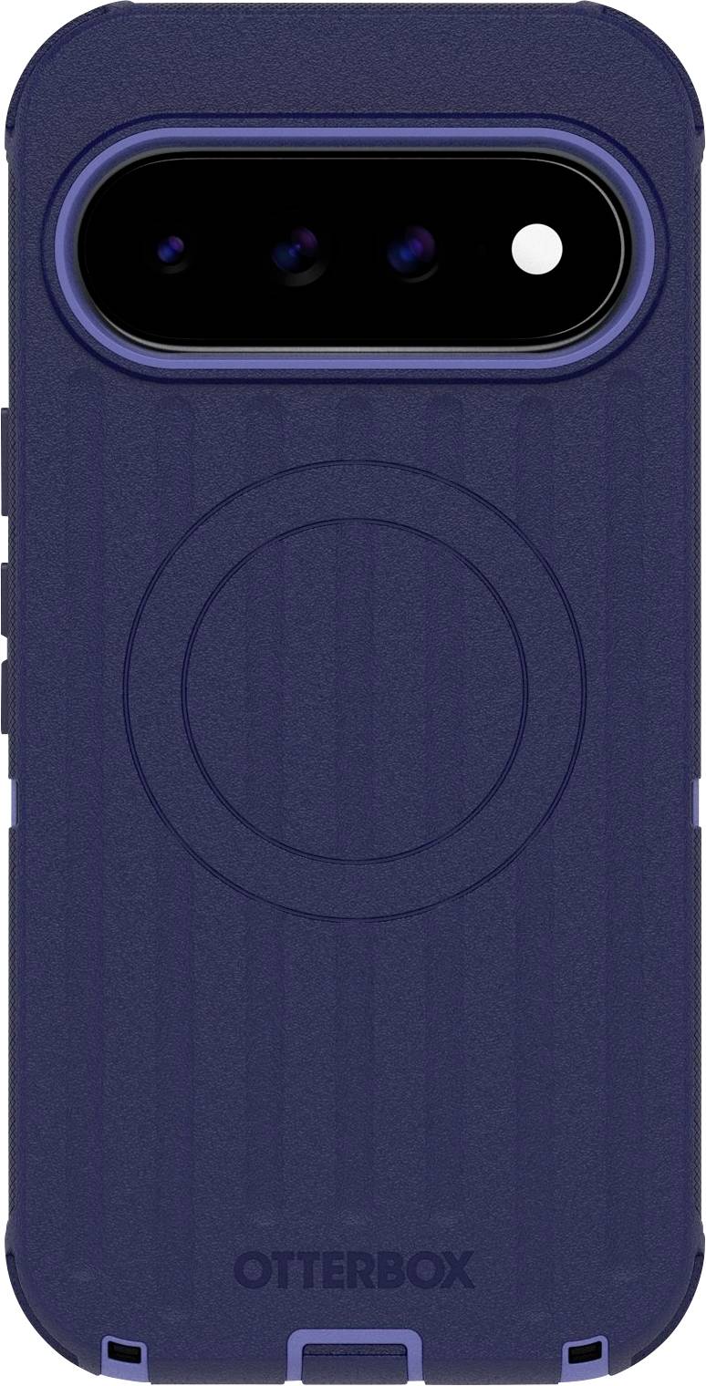 Blauwe OtterBox telefoonhoesje weergegeven van achteren met een grote ronde MagSafe-stijl ring en driedubbele achteraanzicht camerarigging bovenaan.