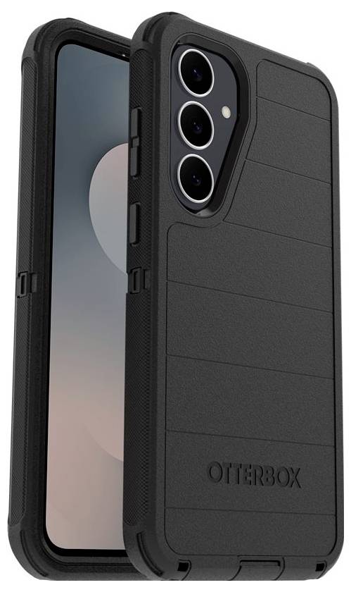 Zwarte OtterBox telefoonhoes weergegeven op een smartphone, met verheven camerabescherming en geribbelde grips aan de zijkanten.
