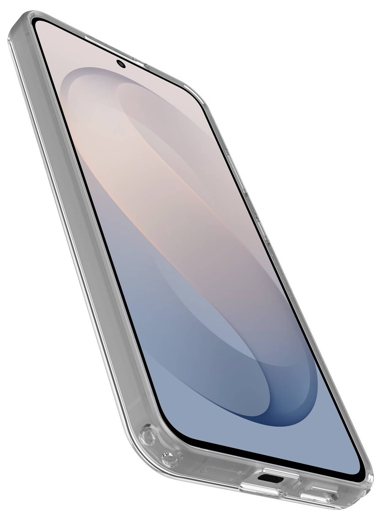 Smartphone in een duidelijk beschermhoes, getoond onder een hoek op een witte achtergrond.