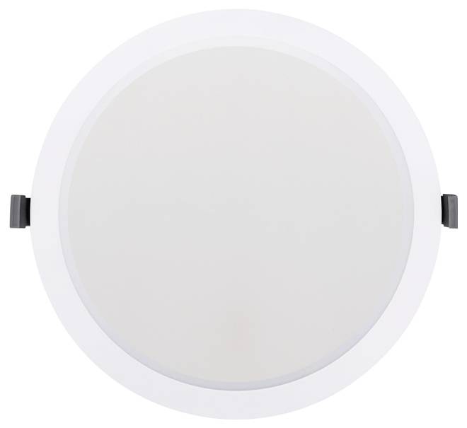 Ronde witte plafondlamp met twee zijklemmen, weergegeven op een eenvoudige achtergrond.