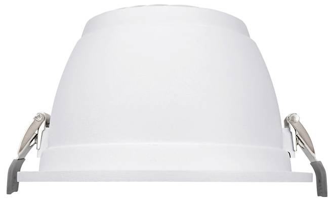 Witte inbouwspotrand voor plafond met veerclips aan beide zijden, weergegeven in vooraanzicht op een eenvoudige achtergrond.
