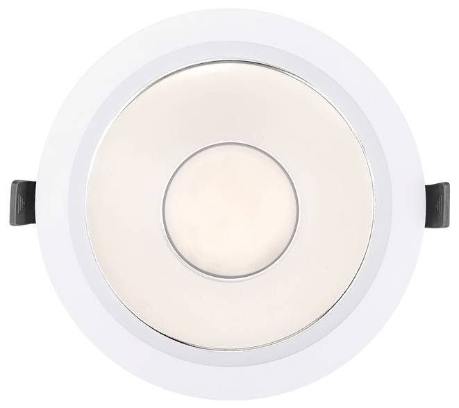 Rond ingebouwd LED-plafonlicht met witte rand en warme centrale diffuser, van bovenaf weergegeven.
