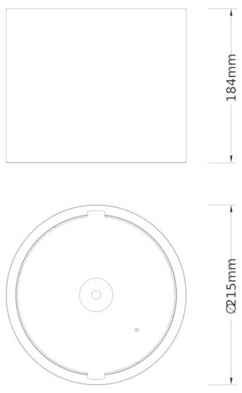 Technische tekening van een cirkelvormig onderdeel, met voor- en bovenaanzichten met afmetingen: 184 mm vierkant en 215 mm diameter.