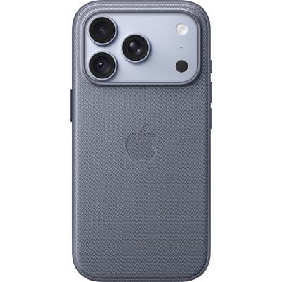 Achterkant van een blauwe iPhone in een gestructureerde hoes, met drie achteraamera's, flits en Apple-logo.