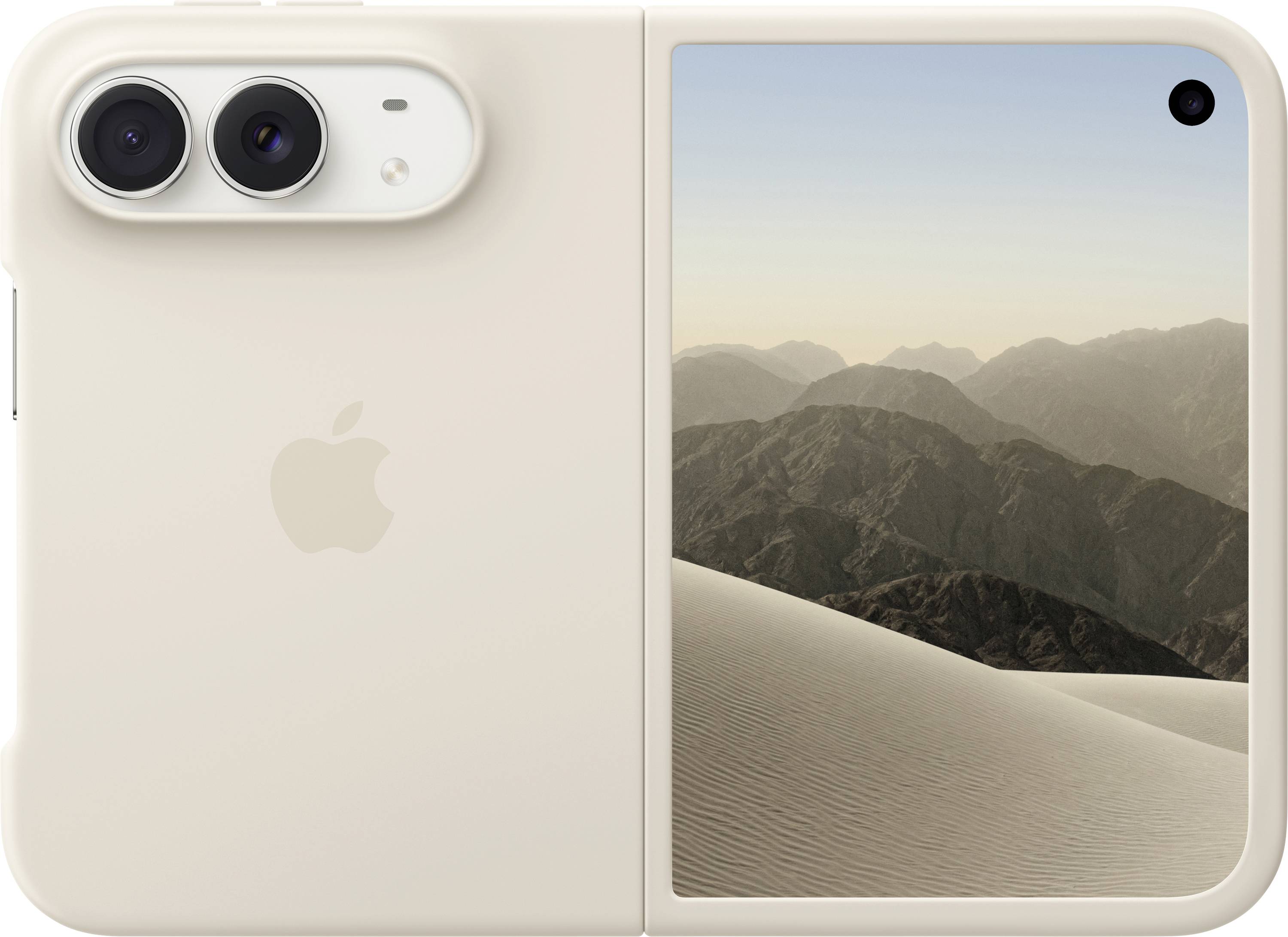 Achterkant van een crèmekleurige iPhone met dubbele camera's, naast het display met een woestijnduinen- en berglandschapwallpaper.
