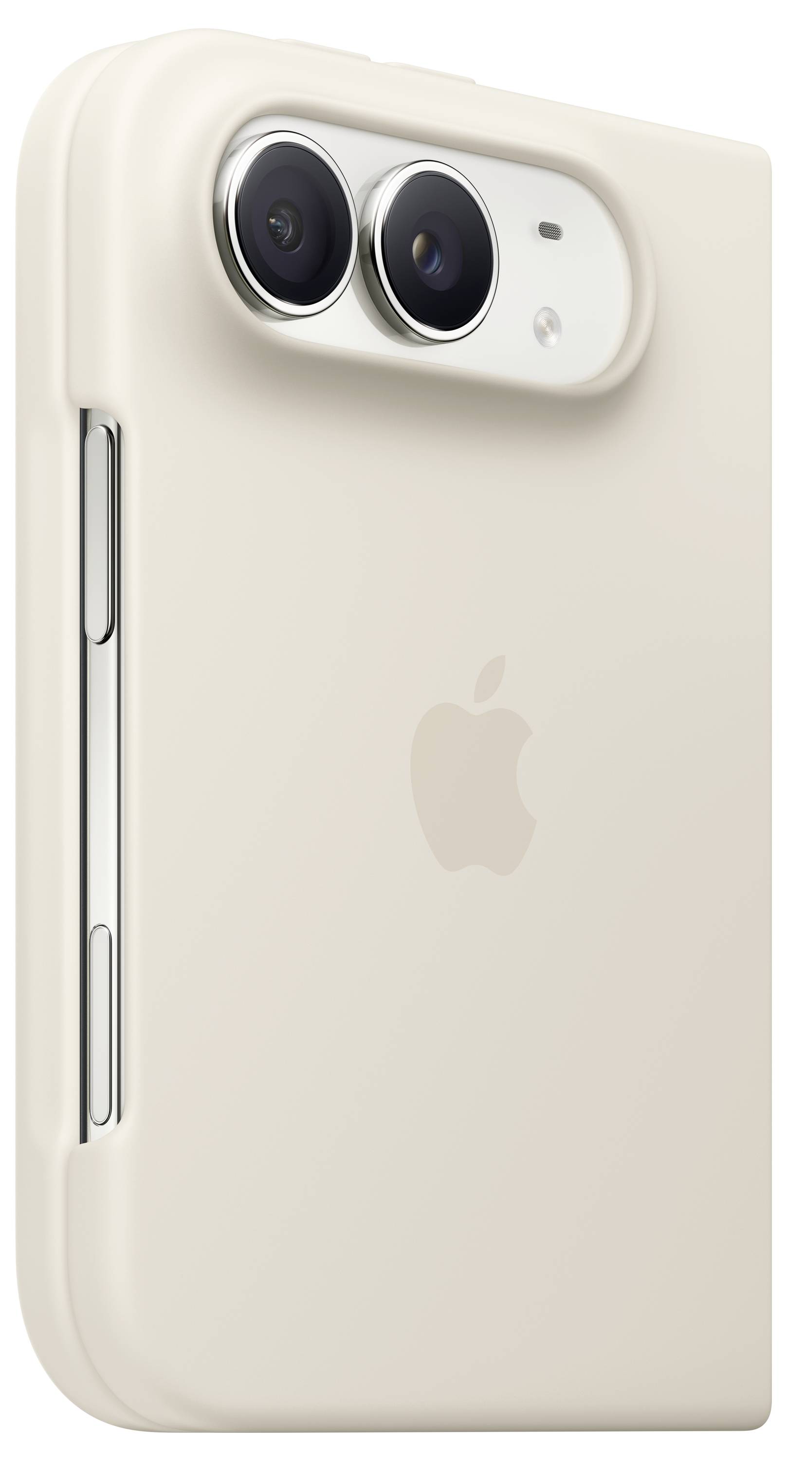 Achterkant van een beige iPhone met een dubbele camera-verhoging en Apple-logo, van dichtbij getoond op een witte achtergrond.