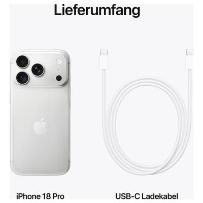 Leveringsomvang: iPhone 18 Pro en USB-C-oplaadkabel afgebeeld naast de telefoon.
