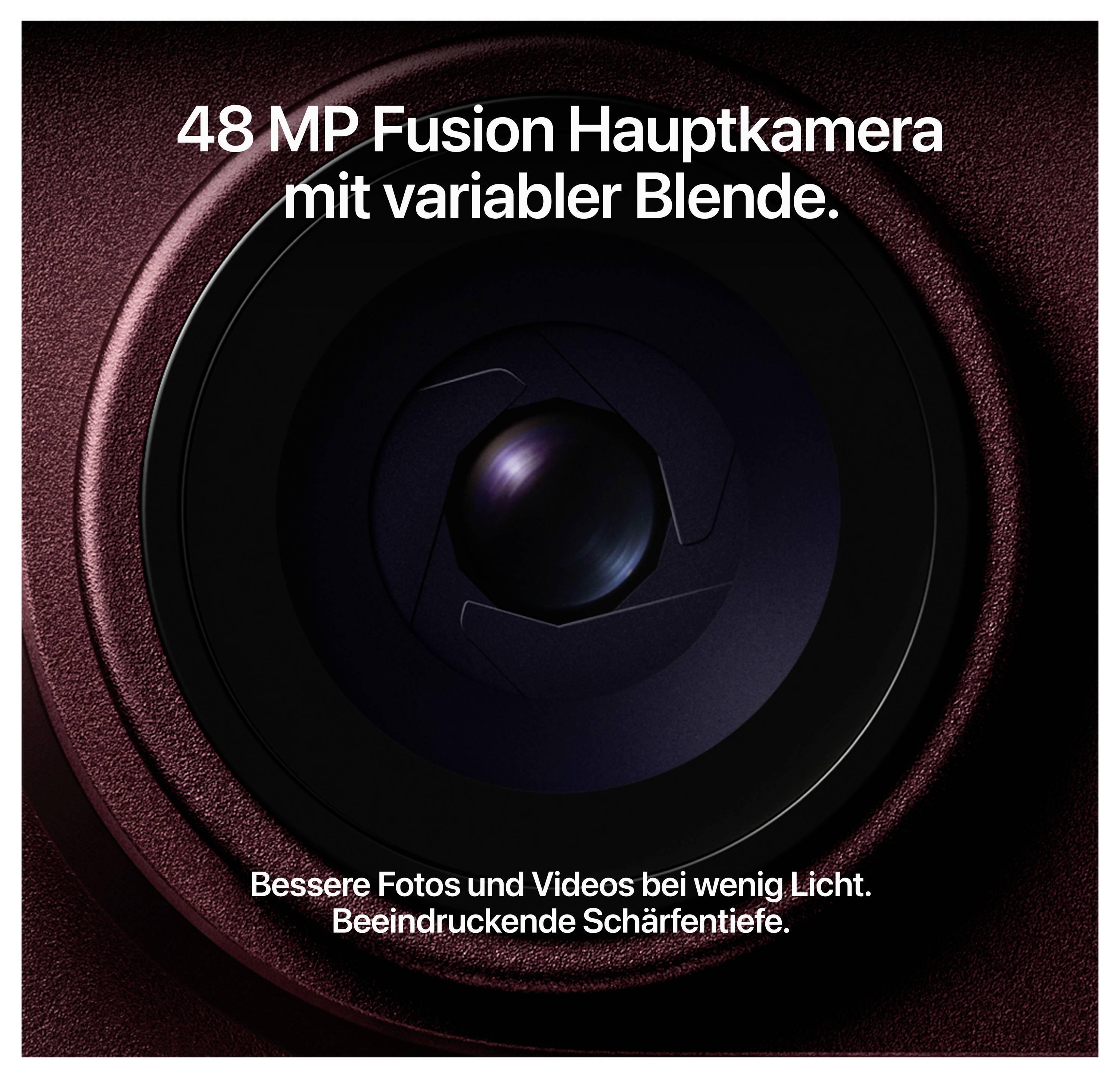 Gedetailleerde weergave van een cameralens met tekst '48 MP Fusion hoofdcamera met variabele diafragma'; promoot betere foto's en video's bij weinig licht en grote scherptediepte.