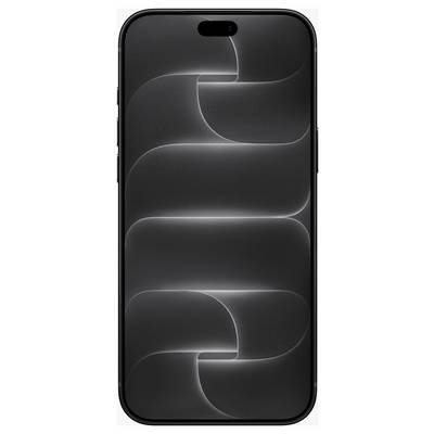 Vooraanzicht van een zwarte smartphone met een gecentreerde pilvormige cameraspaaring en een abstracte grijze golfachtige achtergrond.