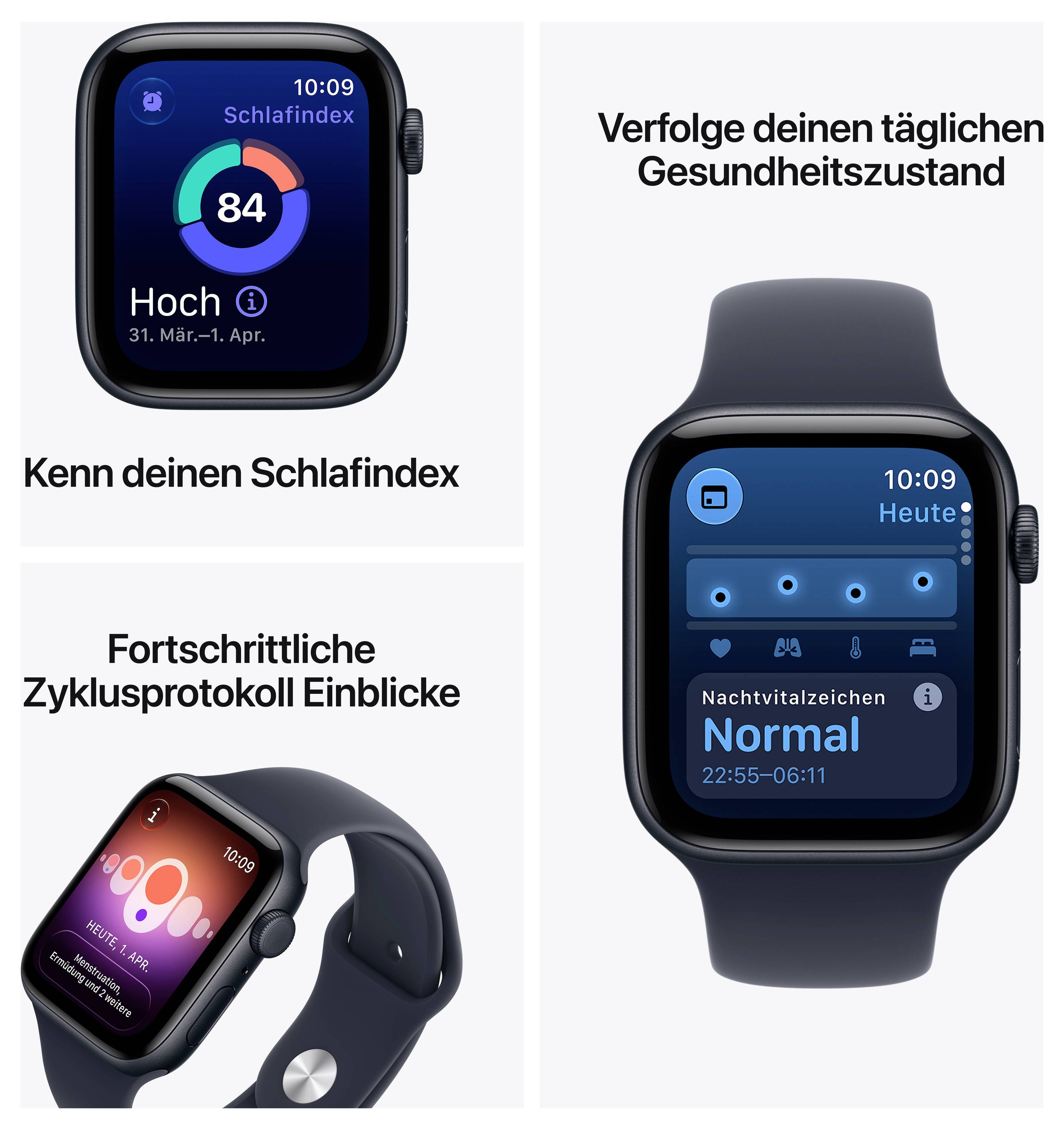 Advertentiegrafiek voor een smartwatch met drie gezondheidsfuncties: slaapindex, dagelijkse gezondheidsstatus en cyclus-protocolinzichten.
