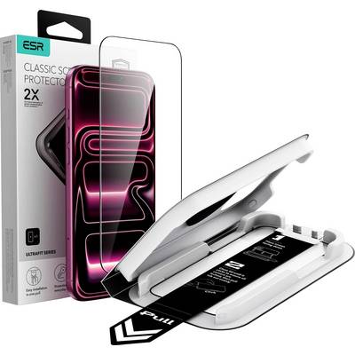 ESR Classic Schermprotector verpakking en applicatormaterialen voor een telefoon, met een transparante beschermer, installatiedienblad en trekstrip.
