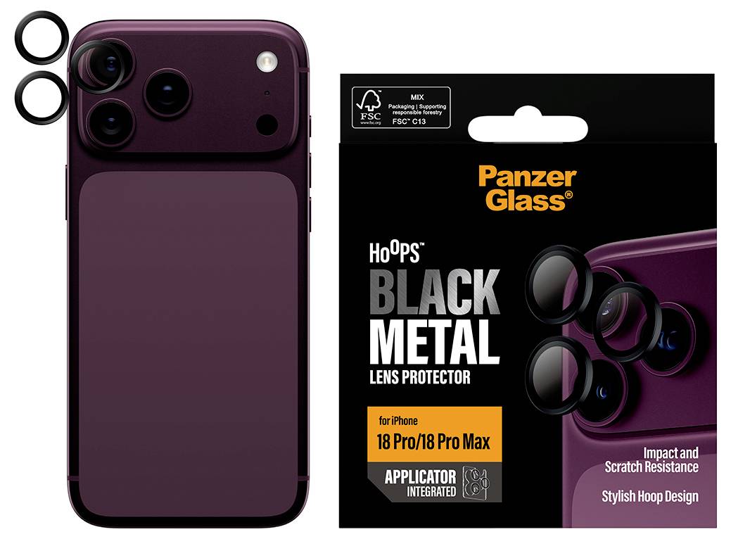 Paarse iPhone 18 Pro Max hoesje met zwarte metalen lensprotectoren en PanzerGlass HoOps verpakking geëtiketteerd als 'BLACK METAL LENS PROTECTOR' en 'voor iPhone 18 Pro/18 Pro Max'