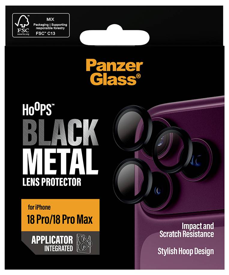 Pakket voor Panzer Glass HoOps Black Metal lensprotector voor iPhone 18 Pro/18 Pro Max, met geïntegreerde applicator en krasbestendig hoepelontwerp.