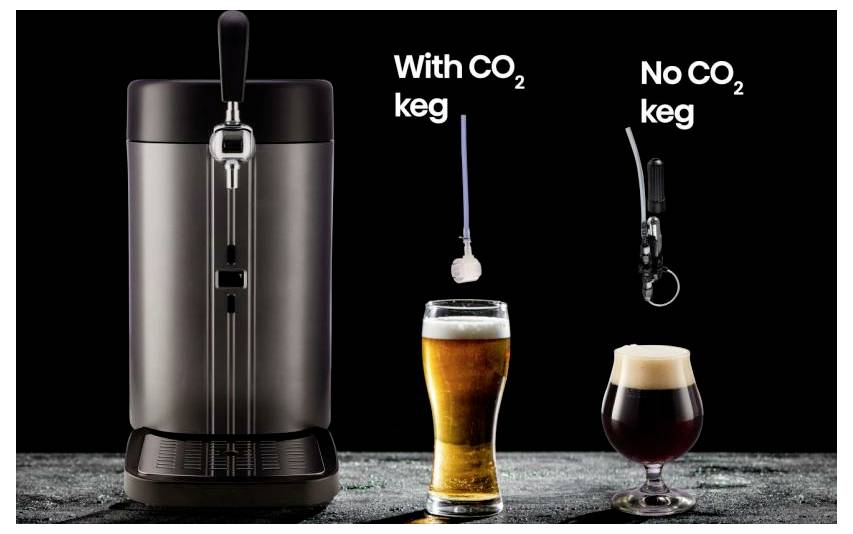 Bierdispenser die 'Met CO2-vat' toont voor een hoog bier en 'Geen CO2-vat' voor een donker bier in een voetglas, wat de verschillen in vatstelling demonstreert.