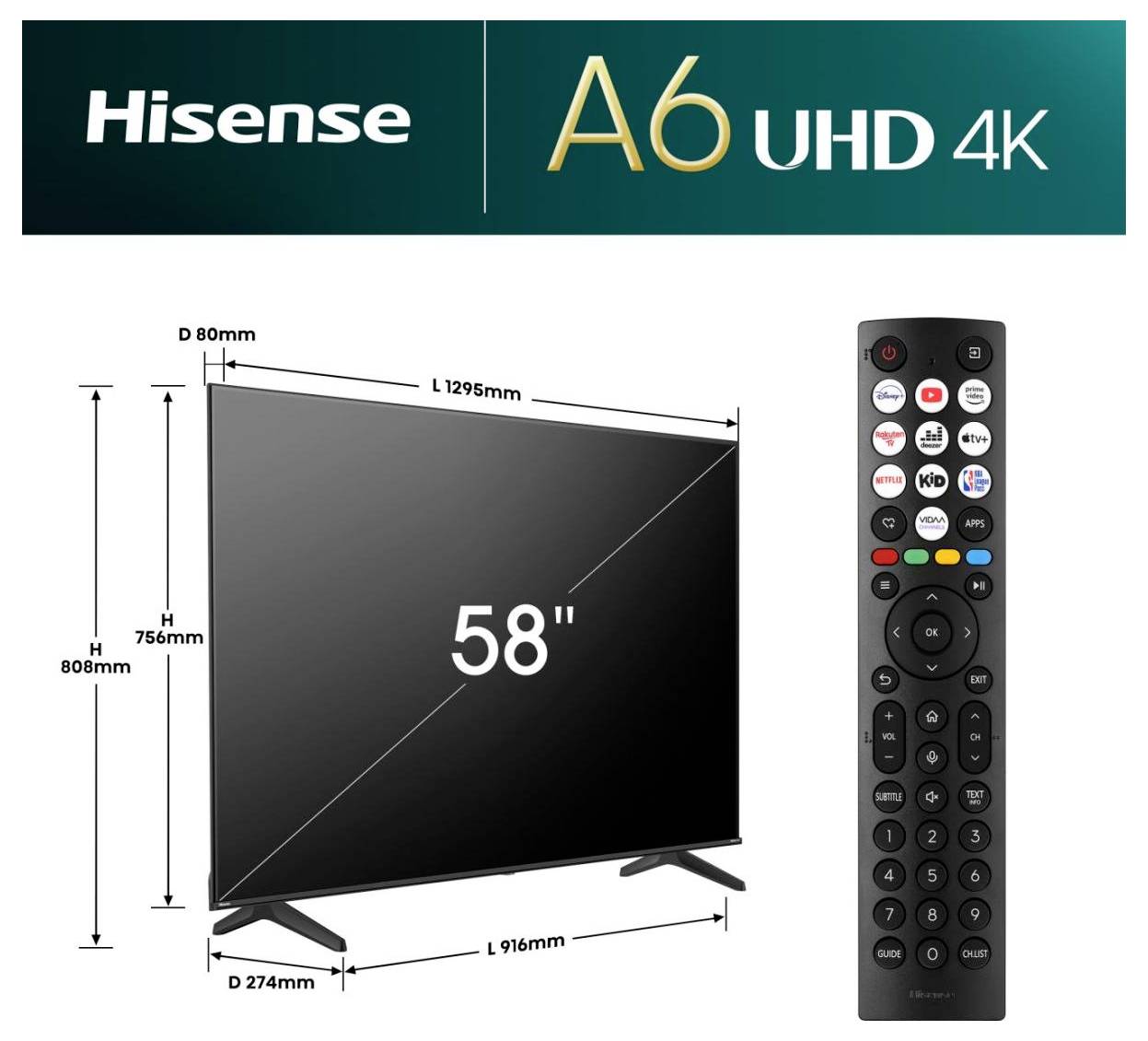 Hisense A6 UHD 4K 58-inch televisie weergegeven met afmetingen van 1295 mm breed, 808 mm hoog, 80 mm diep, en een afstandsbediening.