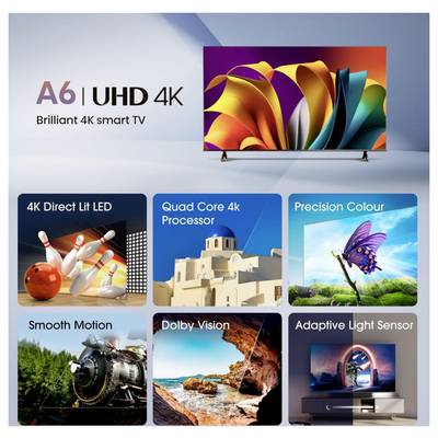 Promotiegrafiek voor een A6 UHD 4K smart-tv, met nadruk op 4K Direct Lit LED, Quad Core 4K-processor, Precision Colour, Smooth Motion, Dolby Vision en Adaptive Light Sensor.