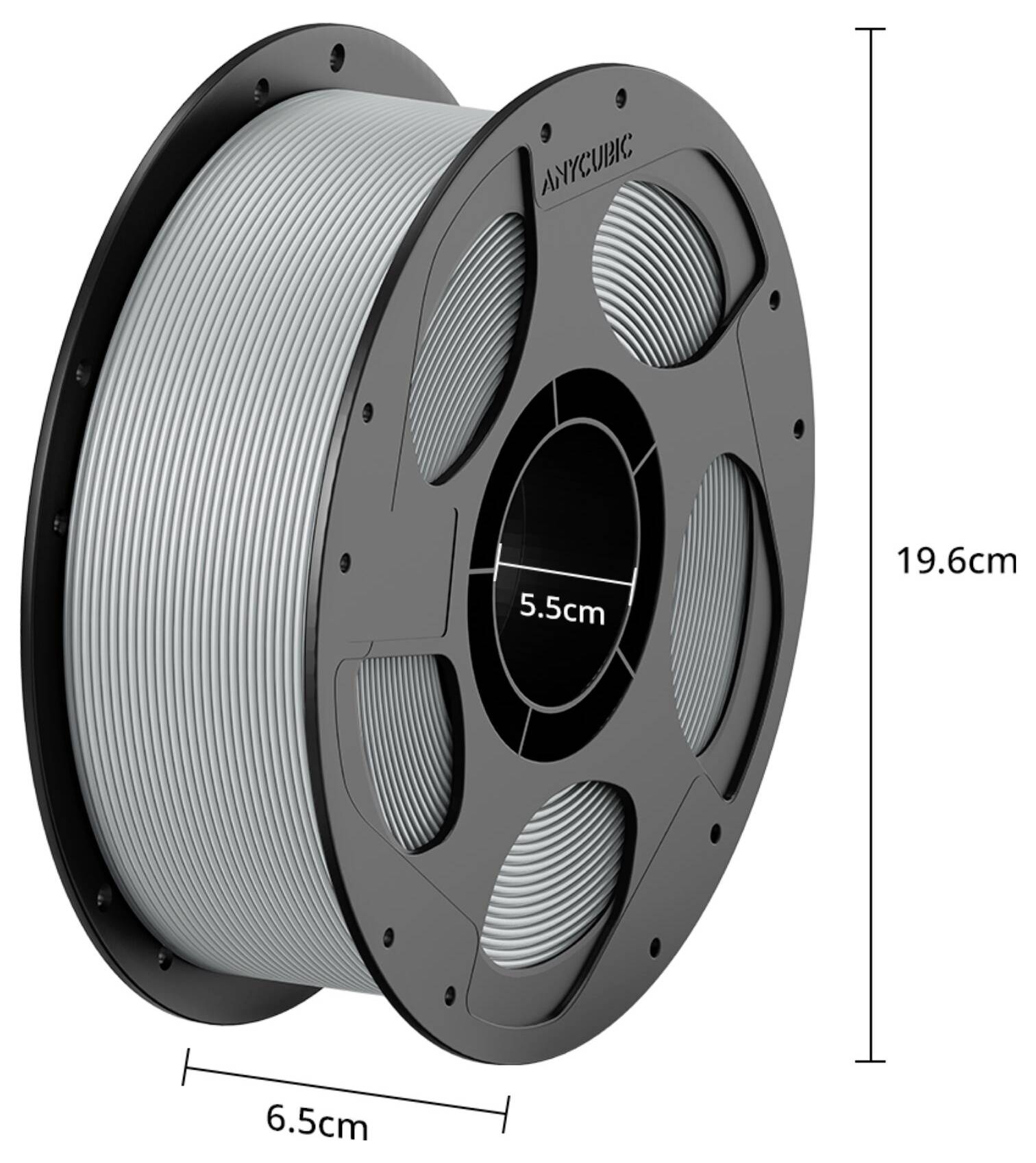 3D-printerspoel voor filament met gelabelde afmetingen 19,6 cm hoog, 6,5 cm breed en 5,5 cm centrale opening.