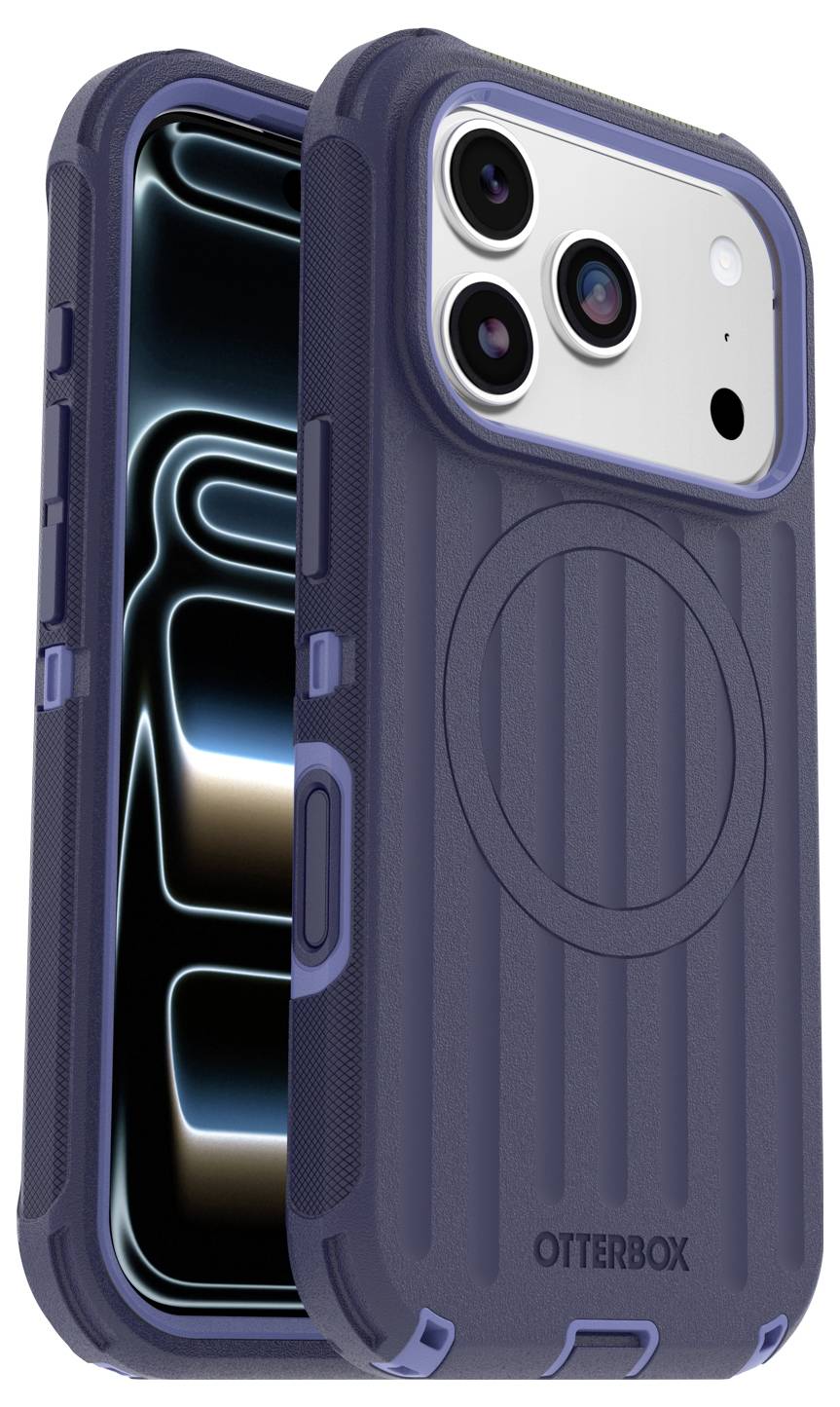 Twee donkerblauwe OtterBox telefoonhoesjes weergegeven van voren en achteren, met verhoogde camerabescherming en een circulaire MagSafe-stijl ring aan de achterkant.