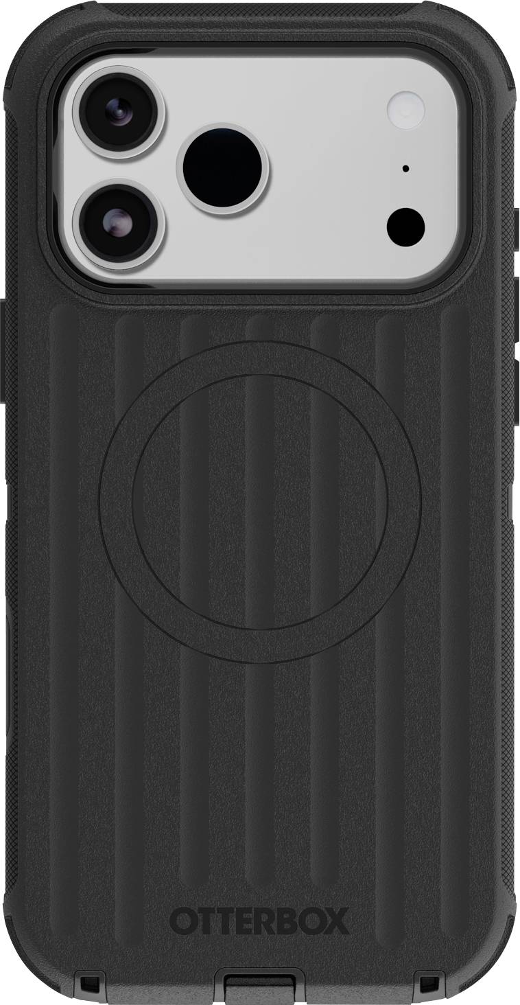 Zwarte OtterBox telefoonhoes met een MagSafe-ring, weergegeven op de achterkant van een iPhone met dubbele camera's.