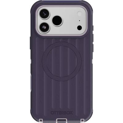 Paarse OtterBox iPhone-hoes weergegeven van achteren, met MagSafe-ring en uitsnijdingen voor dubbele camera's, flits en sensoren.