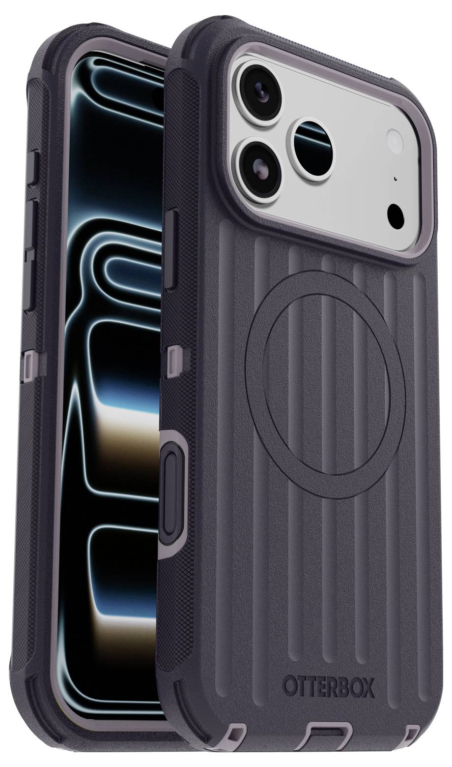 Twee iPhones in OtterBox-hoesjes, voor- en achterkant weergegeven, met een donkergrijs robuust gestructureerd hoesje en ingebouwde MagSafe-ring.