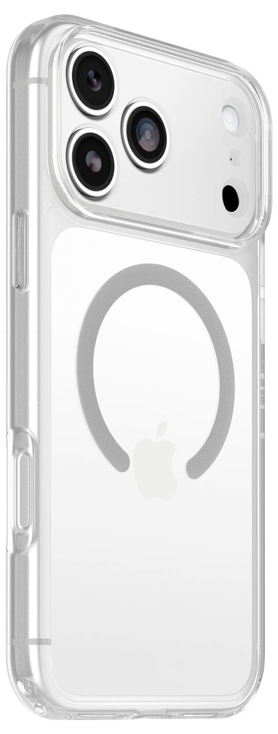 Doorzichtig iPhone-hoesje met drie uitsnijdingen voor de achteraacamera's en een grote ronde MagSafe-ring aan de achterkant.