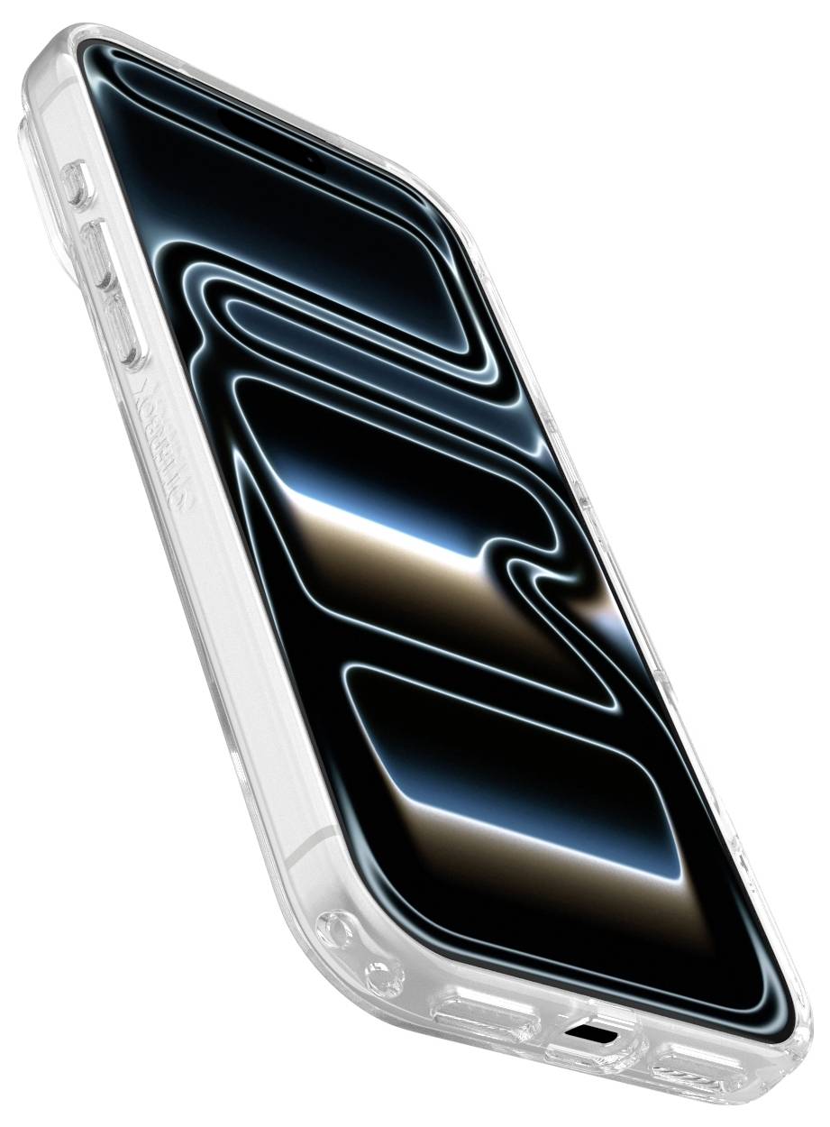 Transparante smartphonehoesje weergegeven op een telefoon onder een hoek, met een glanzend zwart scherm dat blauwe neonachtige golfafbeeldingen toont.