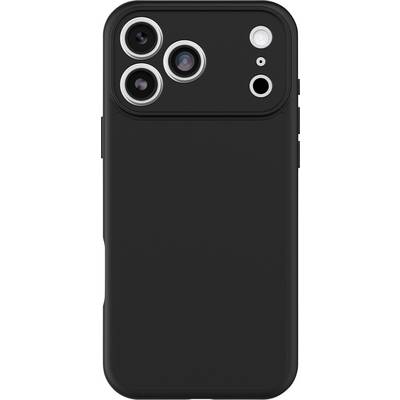 Zwart smartphonehoesje met drie grote cameragaten, flitsopening en gladde achterkant.