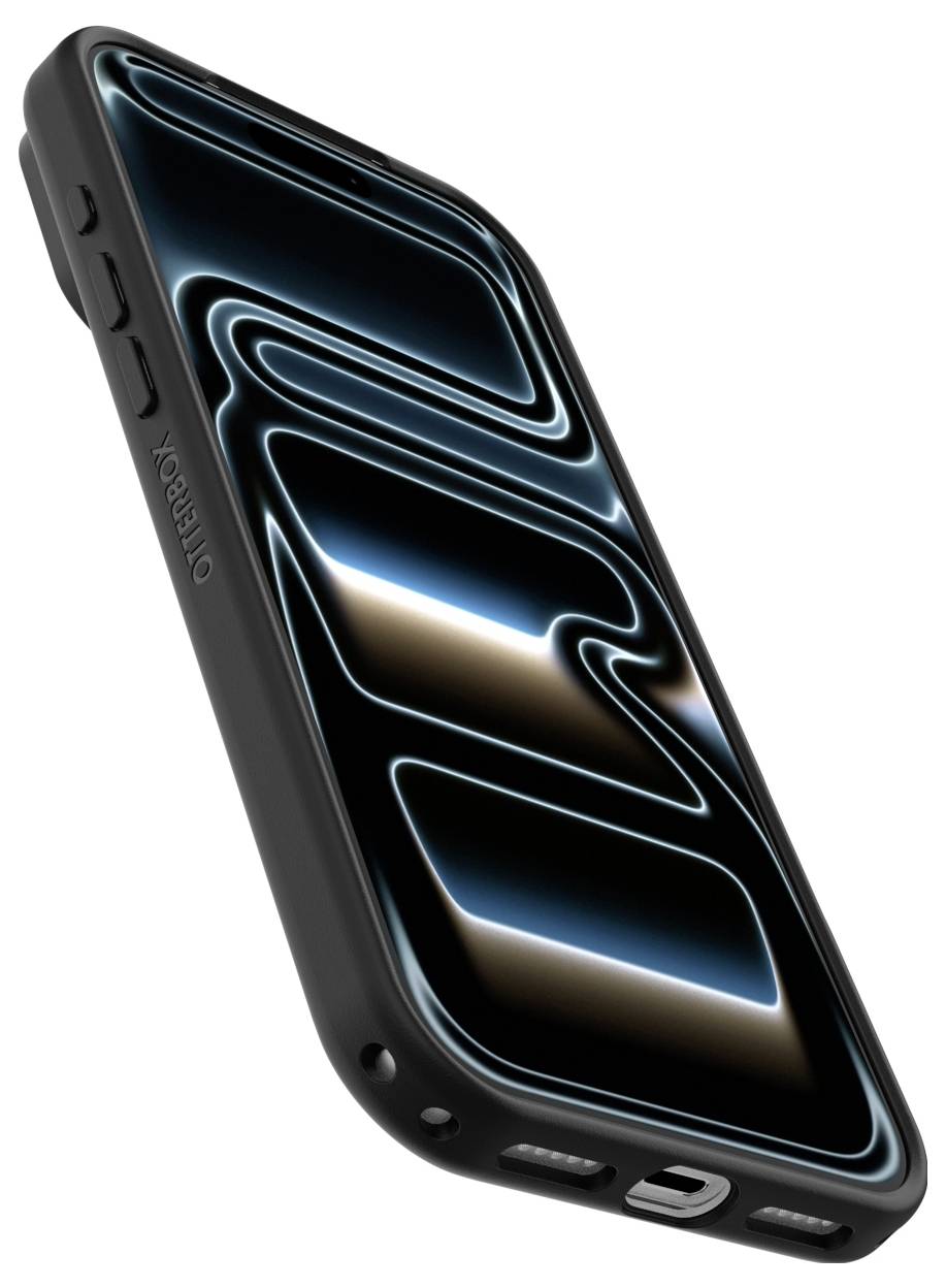 Zwarte smartphone in een robuuste hoes, weergegeven onder een hoek met een gloeiende abstracte blauwe golf op het scherm.