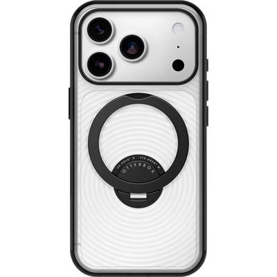 Witte iPhone-hoes met een zwarte ronde OtterBox-ringstandaard gecentreerd op de achterkant, afgebeeld op een telefoon met drievoudige camera.