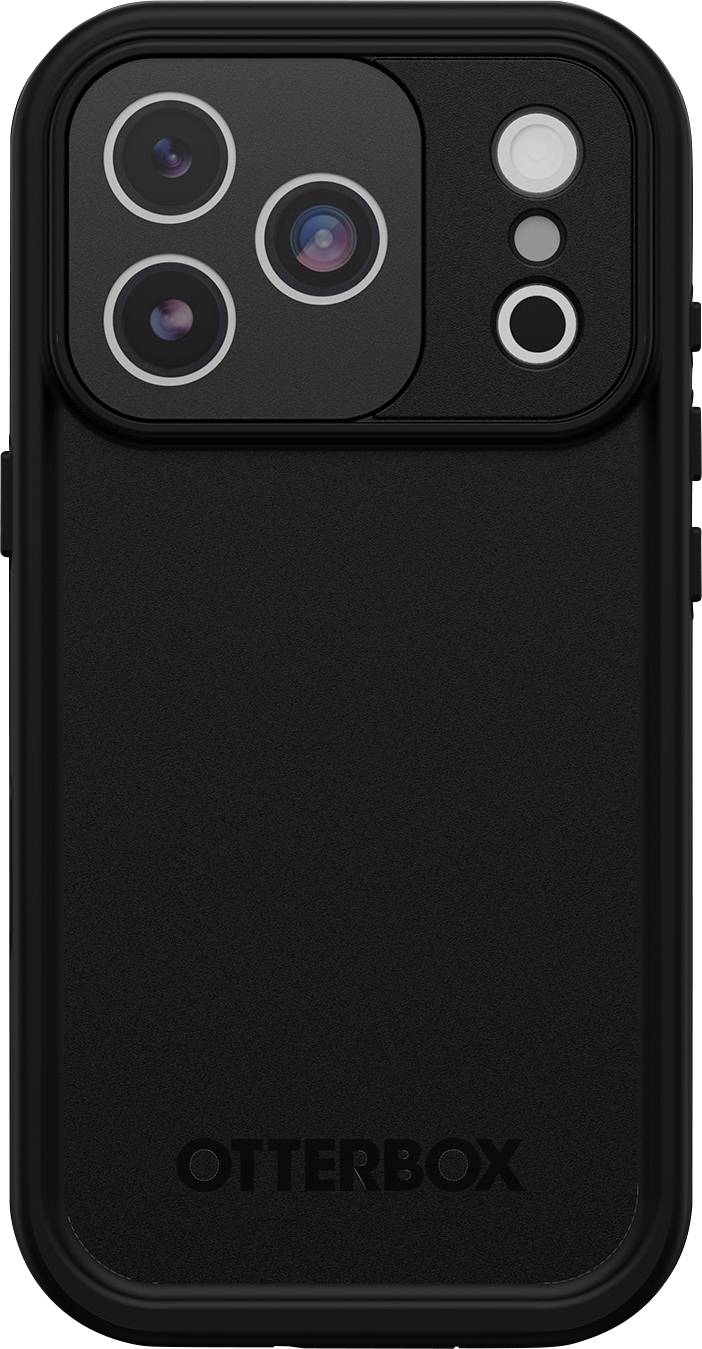 Zwarte OtterBox telefoonhoesje aan de achterkant met een grote drievoudige lensuitsnijding en zijknopafdekking.